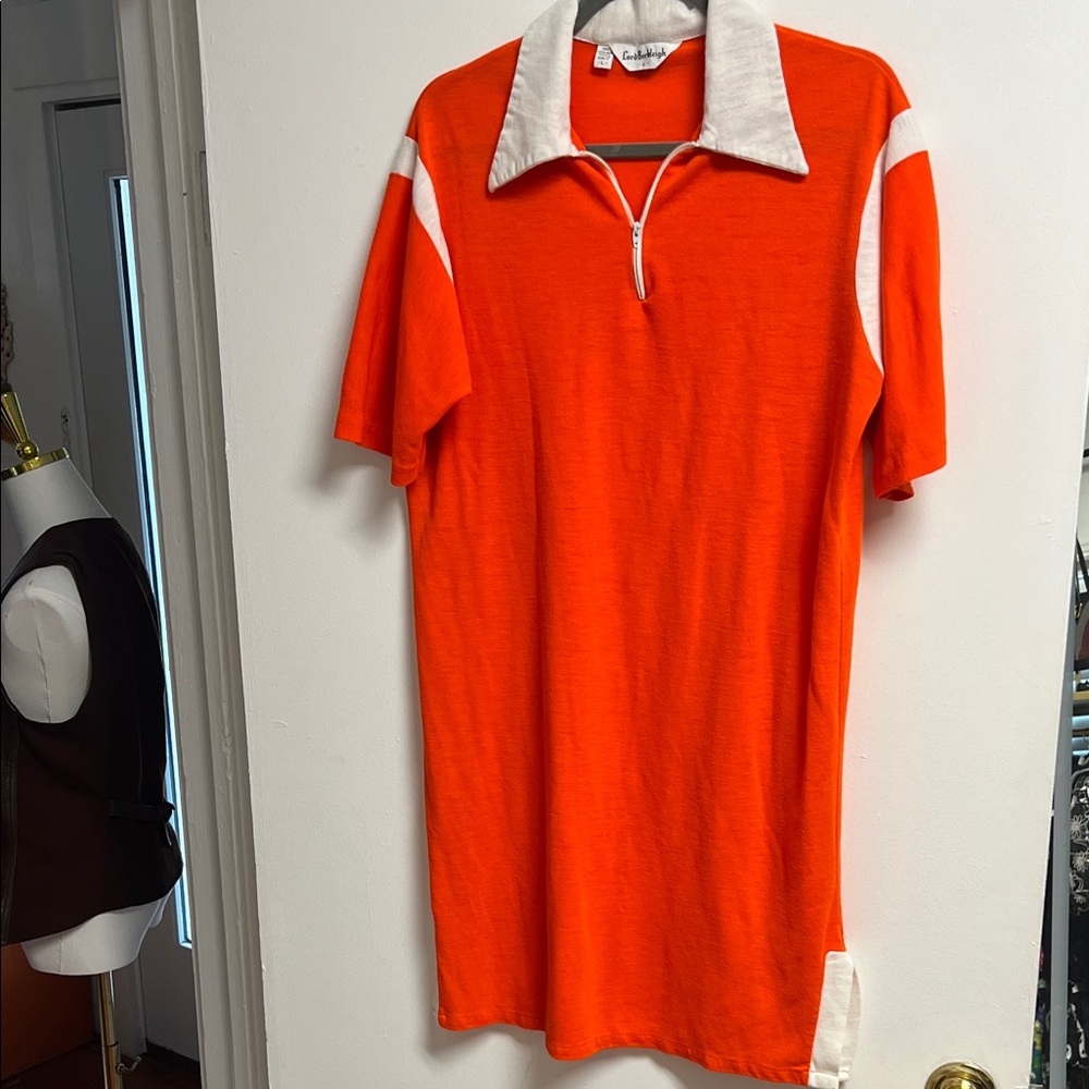 Vintage 70s Bright Orange and White Polo  SShort Sleeve Midi Collared Dress Larg